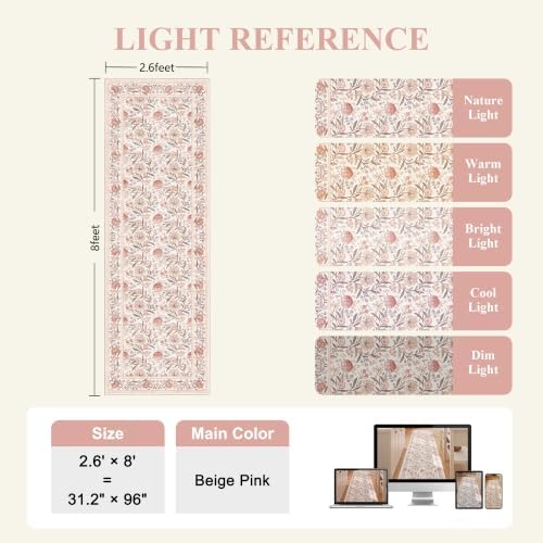 DUKINO 2.6x8 Runner Rug, Washable Vintage Floral Kitchen Runners Beige Pink - Image 2