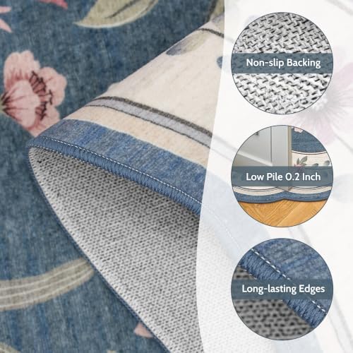 Scalloped Floral Rug 6x9, Dusty Blue Washable Non Slip Area Rug for Girls Bedroom, Soft Low Pile Vintage Rug for Living Room,Nursery, Dorm - Image 5
