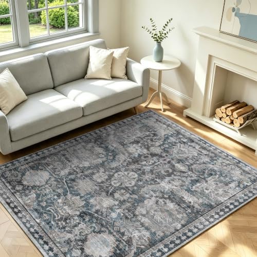 RUGSURE Washable Area Rugs - Perfect for Living Room, Bedroom, Kids Room, Nursery - Stain & Water Resistant Non-Slip, Pet & Child Friendly, Vintage Tribal Area Rugs (Grey and Blue, 5' x 7') - Image 2