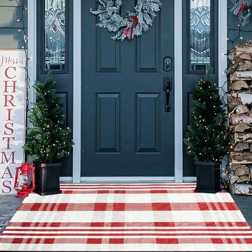 Christmas Plaid Outdoor Rug, 3' x 5' Red&White Check Indoor/Outdoor Area Rug, Layering Rug for Hello/Welcome Door Mat, Machine Washable Cotton Woven Rug for Farmhouse Front Porch, Entryway by BOTTA
