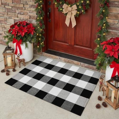 SEEKSEE Fall Decor Buffalo Plaid Outdoor Rug 2' x 3' Black and White Front Door Mat, Layering Rug for Porch, Washable Doormat, Cotton Area Rug for Outdoor Entrance Entryway Patio Porch Decor - Image 2