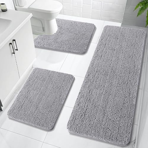 OLANLY Chenille Bathroom Rugs Sets 3 Piece, 59"x20"+24"x16"+24"x20", Grey by OLANLY