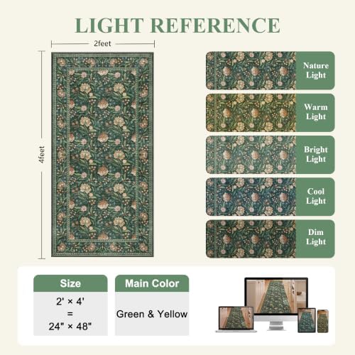 DUKINO 2x4 Rug, Washable Vintage Floral Entryway Rug Non Slip, Green - Image 2