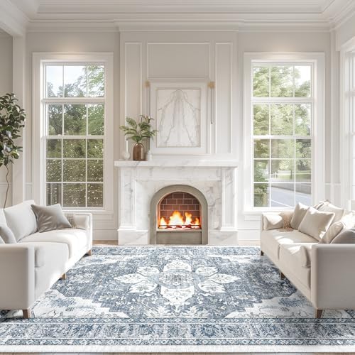 BESTSWEETIE Washable Boho 9x12 Area Rug for Living Room, Blue Grey White - Image 2