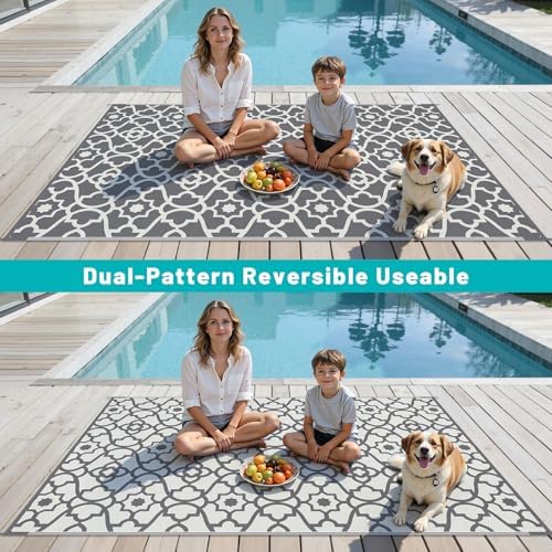 HEBE Waterproof Outdoor Rug 6'x9', Geometric Reversible Plastic Patio Rug - Image 6