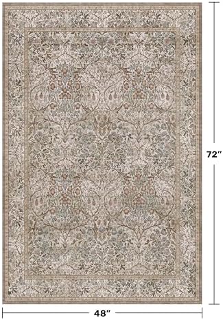 Vintage 4x6 Entryway Rug, Washable Area Rugs for Mudroom, Bedside Rugs Bedroom, Large Kitchen,Living Room, Office, Dorm, Non-Slip Low Pile Soft Stain Resistant Carpet Floral Moss Green Taupe Decor - Image 2