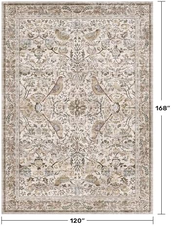 Large Washable Floral 10x14 Area Rug for Living Room - Boho Soft Rugs for Bedroom, Non Slip Washable Carpet for Dining Room Under Table, Vintage Bird Moss Indoor Décor, Low Pile Stain Resistant - Image 2