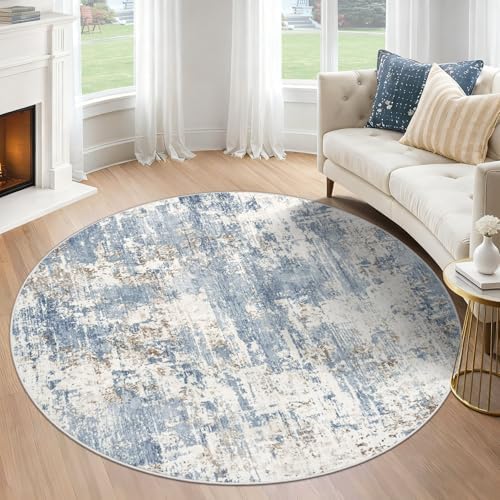 XLUEZ Round Rug 4ft for Bedroom, Washable Modern Abstract Circle Rug Neutral Soft Non Slip Kids Rug Stain Resistant Indoor Carpet for Living Room Nursery Playroom Dorm Girls Boys Room(Blue, 4' Round) by XLUEZ