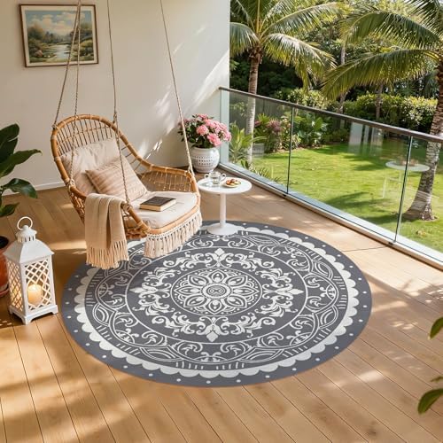 Pauwer Waterproof Outdoor Rug 8ft, Plastic Straw Patio Mat, Paisley Grey - Image 6