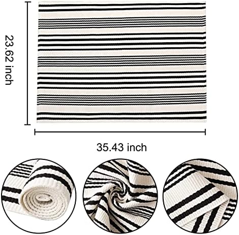 Black and White Striped Doormat 24"x35"Cotton Washable Fall Layering Rug - Image 2