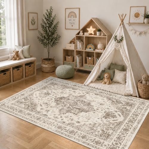 6x8 Washable Bedroom Area Rug Non-Slip Medallion Taupe Throw Carpet - Image 2