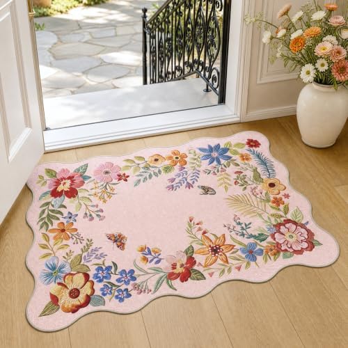 FMFUNCTEX 2x3 Washable Floral Vintage Scalloped Boho Flower Entryway Rug - Image 2