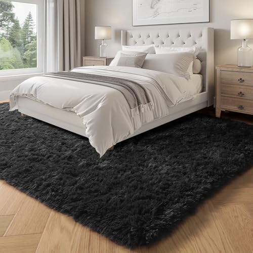 Fluffy Area Rugs for Bedroom 5x7, Soft Shaggy Washable Farmhouse Rugs Black - Image 3