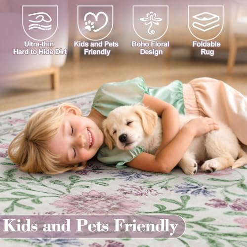 Wonnitar Floral Purple Rug for Bedroom, Washable 5x7 Area Rugs for Dorm, Boho Soft Non Slip Ultra-Thin Indoor Floor Carpet for Kids Room Nursery Living Room Classroom, Light Purple/Pink - Image 4