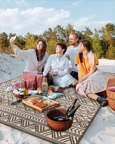 Outdoor Rug Carpet 9x12 ft, Flatweave Textured Outdoor Patio Rug Non Slip Indoor Outdoor Rugs with Rubber Particles Backing Boho Outdoor Area Rug for Patio Deck Front Porch Backyard Balcony, Brown - Image 6