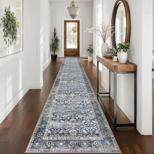 KUTA Vintage Washable Long Hallway Runner Rug 2.6x16 Blue Grey Beige by KUTA