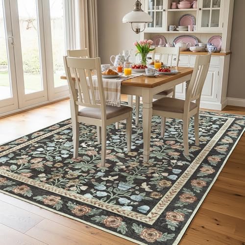 SparkleGaze Gold Black Floral Living Room Rug 5x7 Area Rug - Vintage Forest Washable Rug for Dining Room, Bedroom, Ultra Soft Low Pile Non Slip Stain Resistance Distressed Boho Farmhouse Flower Carpet - Image 4