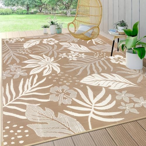 Pauwer Waterproof Outdoor Rug 9x12, Plastic Straw Patio Rug, Floral Brown by Pauwer