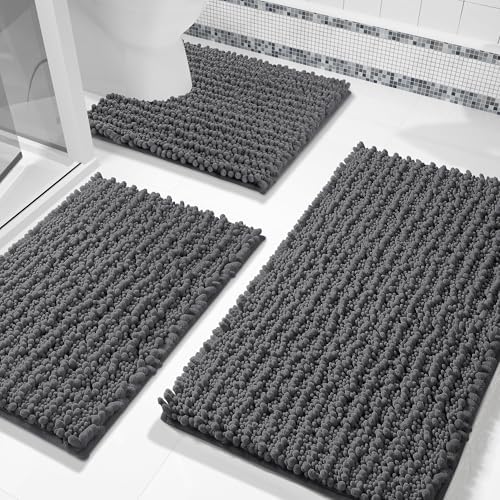Yimobra Bathroom Rug Set 3 Piece, Super Absorbent Bath Mat Set, Dark Gray by Yimobra