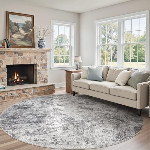 UERMEI 10ft Round Area Rug Living Room Rugs - 10x10 Washable Large Neutral Modern Abstract Soft Thin Rug Indoor Floor No Slip Rug Carpet for Bedroom Under Dining Table Home Office Decor - Grey - Image 3
