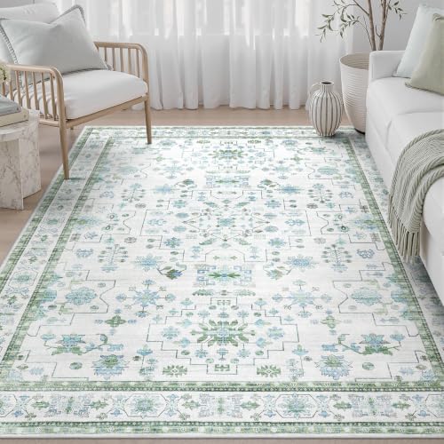 DCX Green Washable 5x7 Rug Vintage Boho Floral Rug by DCXWashableRug