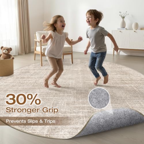 LOONGRUG Round Rug 7x7 Washable Neutral Modern Rug for Living Room Beige - Image 3