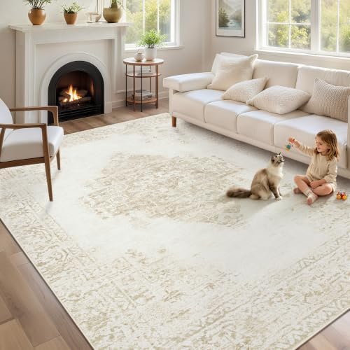 6x9 Area Rugs for Living Room: Washable Vintage Large Retro Rug Soft Non-Slip Indoor Low Pile Carpet for Bedroom Dining Room Nursery Office (Cream Beige, 6'x9') by TENGTENGLINK