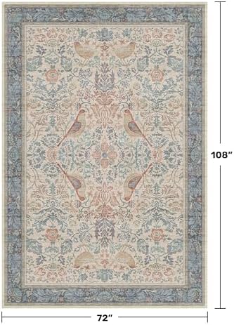 Vintage Elegant 6x9 Rug for Living Room - Washable Dining Room Rugs for Under Table, Low Pile Non-Slip Carpet for Bedroom - Intricate Plant Pattern & Boho Eclectic Red Blue Home Decor - Image 2