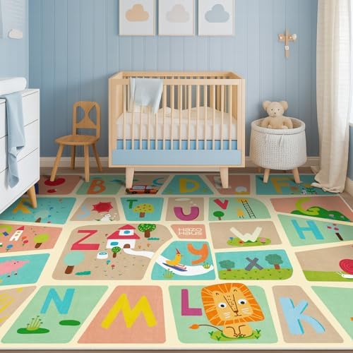 ABC Alphabet Rug for Nursery Room – 5x8 Kids Rug for Preschool, Washable Play Room Carpet, Soft & Safe Toddler Crawling Map with Fun Educational Letters and Cute Cartoon Art Decor - Image 2
