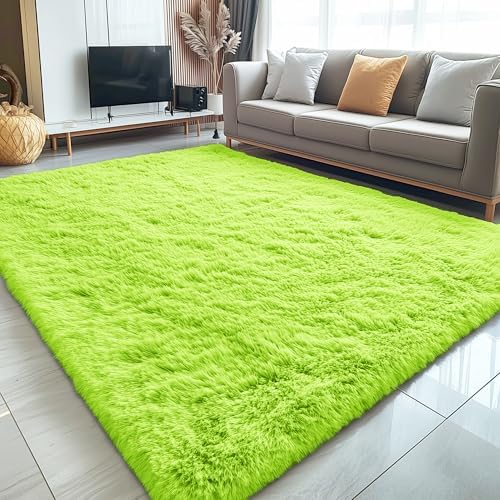 OLANLY 5x7 Machine Washable Large Area Rugs for Living Room, Bedroom, Soft Fluffy Shaggy Bedside Rug, Indoor Floor Carpet for Kids Girls and Boys, Dorms, Nursery, Home Decor Aesthetic, Lime Green - Image 3