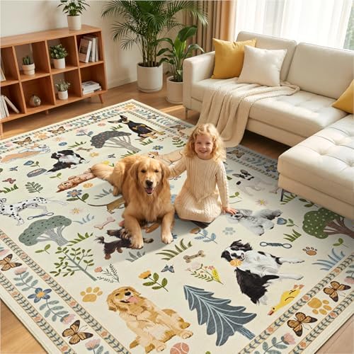 ST. BRIDGE 6x9 Living Room Rug, Washable Large Area Rug with Non Slip Backing, Soft Stain Resistant Dog Rugs, Low Pile Animal Indoor Carpet for Kids Room Bedroom Dining Room Home Office, Beige - Image 2