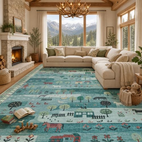 Machine Washable Area Rug 8x10 Ft, Whimsical Rug, Vintage Farmhouse, Green - Image 3