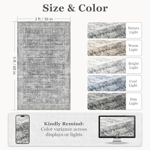 Grey Vintage 3x5 Entryway Rug Indoor Foyer, Neutral Gray Throw Rug for Kitchen Bathroom, Machine Washable Non Slip Thin Area Rug for Nursery/Bedroom Bedside/Home Office/Dorm - Image 2
