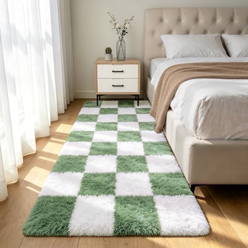 Shag Runner Rug for Bedroom Living Room 3x7 Upgrade Non-Slip Fluffy Soft Bedside Rugs,Green and White Shaggy Carpet for Livingroom Dorm Home Decor Aesthetic by Boshengya