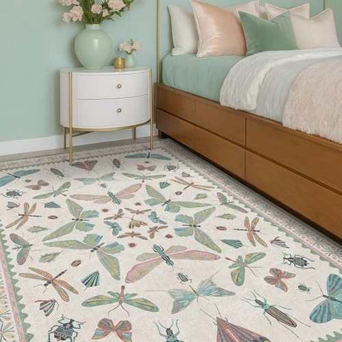 Hazo Haus Green and Blue Nursery Rug 5x8 - Washable Soft Area Rugs for Bedroom Under Bed, Living Room, Vintage Floral Butterfly Fun Indoor Floor Decor - Image 6