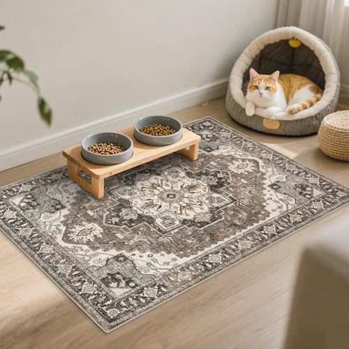 Washable Entryway Area Rug 2x3 - Small Entrance Rug Vintage Distressed Mat Oriental Non-Slip Non-Shedding Carpet Soft Thin Stain Resistant Indoor Floor Doormat for Bedroom Bathroom Kitchen (Beige,2x3) by RUUGME