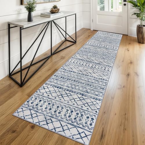 KUTA Moroccan Washable Hallway Runner Rug 2x8 Vintage Blue White by KUTA