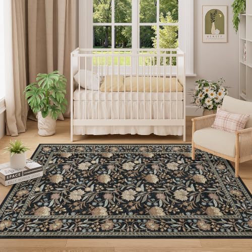DUKINO 4x6 Area Rug, Washable Vintage Floral Rug for Living Room, Black - Image 2