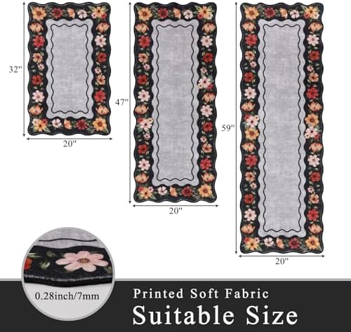 Vaukki Boho Kitchen Rug Sets of 3,Flower Black Washable Kitchen Floor Mat - Image 2