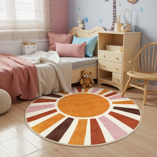 LIVEBOX Round Washable Rug 5.2ft Sun Circular Nursery Rug Girl for Kids Room, Soft Colorful Circle Rugs Cute for Girls Room, Non-Slip Cozy Retro Rainbow Round Rug for Classroom Play Room - Image 2