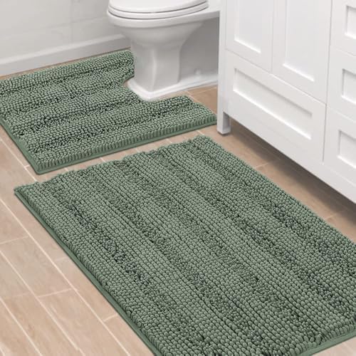 H.VERSAILTEX Bathroom Rugs Bath Rug Set 2 Piece Bathroom Contour Rug Toilet Mat Non Slip Contour Bath Rug Ultra Thick Water Absorbent Striped Bath Mats Washable(36" x 24" Plus 20" x 24" U, Green Bay) by HVERSAILTEX