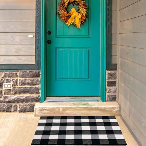 Cotton Buffalo Plaid Rug, 28x43 Black and White Checkered Outdoor Rug Front Door Decorative Mat, Washable Layered Area Rug for Front Porch, Entryway, Indoor, Patio - Image 5