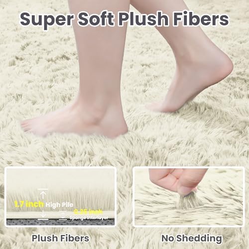 5x8 Fluffy Shag Area Rugs for Living Room Bedroom: Soft Carpet Cream White - Image 5