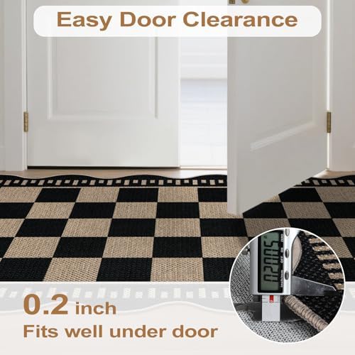 Checkered Easy Jute Entryway Rug, 2x3 Washable Non Slip Kitchen Rug, Indoor Outdoor Door Mat, Farmhouse Low Pile Floor Black Rugs for Porch Doorway - Image 6