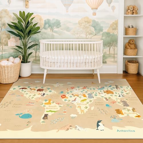 Kids Bedroom Rug with World Map & Animals – 4x6 Educational Washable Area Rug for Playroom, Cute Global Animal, Featuring Continents & Native Wildlife Carpet for Dorm or Classroom - Soft Beige - Image 3