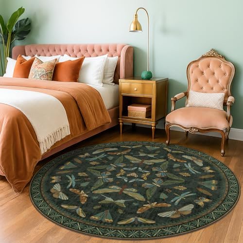 Dark Green Insect 6ft Round Washable Area Rug for Living Room - Non Skid Low Pile & Soft Carpet for Bedroom Beside Bed, Forest Butterfly Design Stain Resistant Home Décor - Image 6