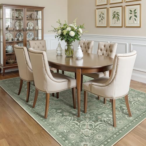 Soft Sage Green 5x8 Area Rugs for Living Room, Cozy Cottagecore Dining Room Rug Washable Non Slip, Modern Vintage Medallion Low Pile Thin Carpet Rugs for Den/Bedroom/Foyer/Home Office - Image 4