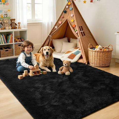 5'3''x7'5'' Black Fluffy Soft Area Rug Non-Slip for Living Room Bedroom - Image 4