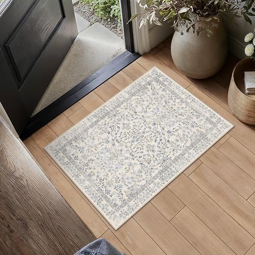 PureCozy 2x3 Blue Floral Small Entryway Rug Vintage Farmhouse Style by PureCozy