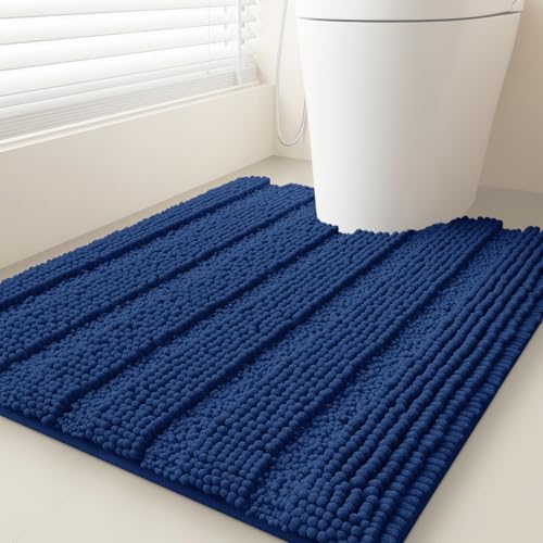ACCUMTEK Striped Denim Blue Toilet Bathroom Rug Mat 24" x 20" Contour Rug Ultra Soft, Non Slip Chenille Bath Rugs, Absorbent Plush Shaggy Bath Mats for Bathroom, Bedroom, Kitchen, Shower, Tub by ACCUMTEK